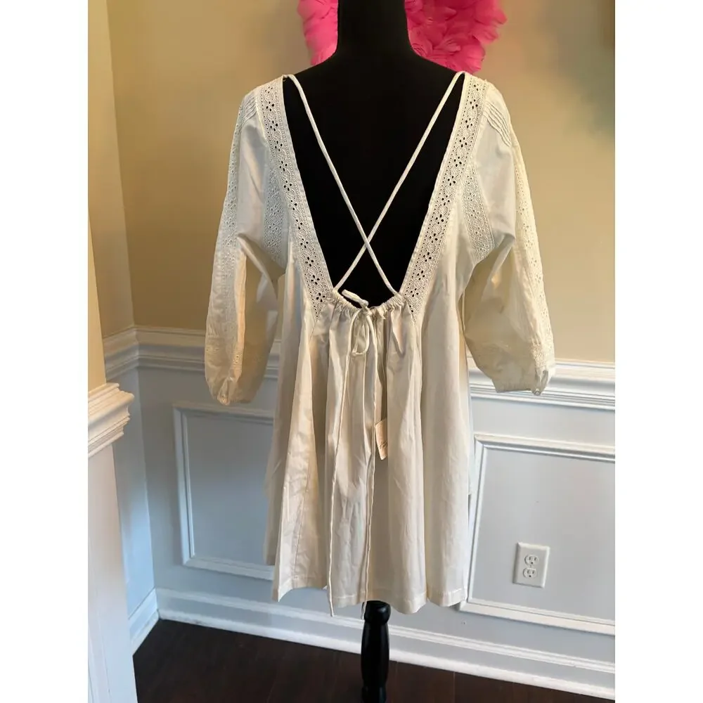 Free People Ivory long sleeve open back mini dress size S NWT